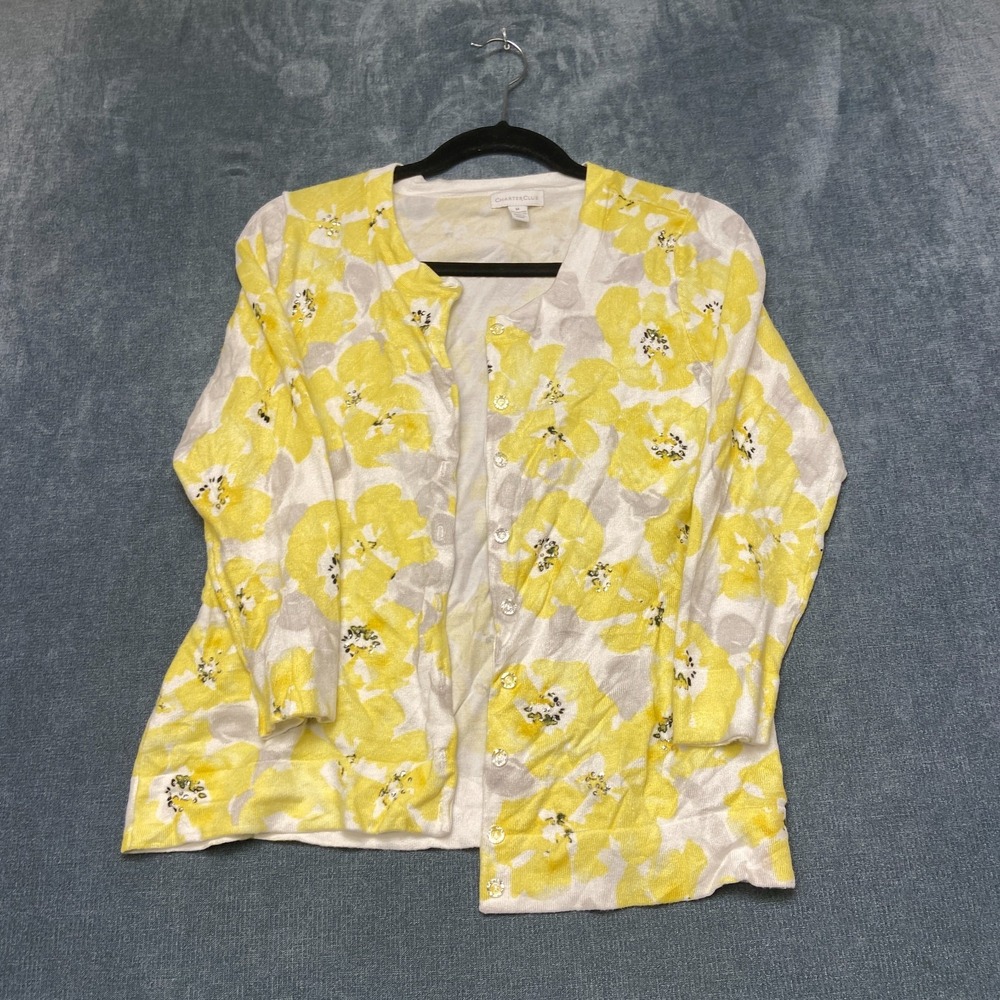 Charter Club Cardigan Sweater Women Medium Multicolor Floral Button Front Winter